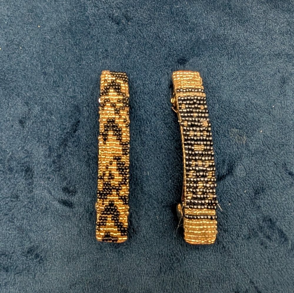 2 Seed Bead Hair Clips Barrettes Gold Black Navy 2.5"